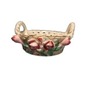 Floral Porcelain Basket w/side handles  Decorative  4.5 x 2.5  made in China Vin